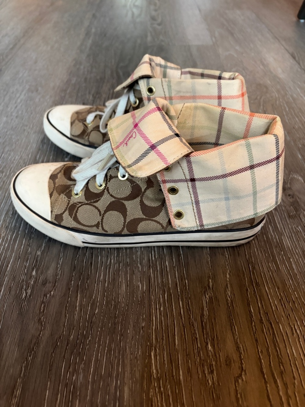 Coach Signature Logo High-Top Sneakers with Plaid Cuff